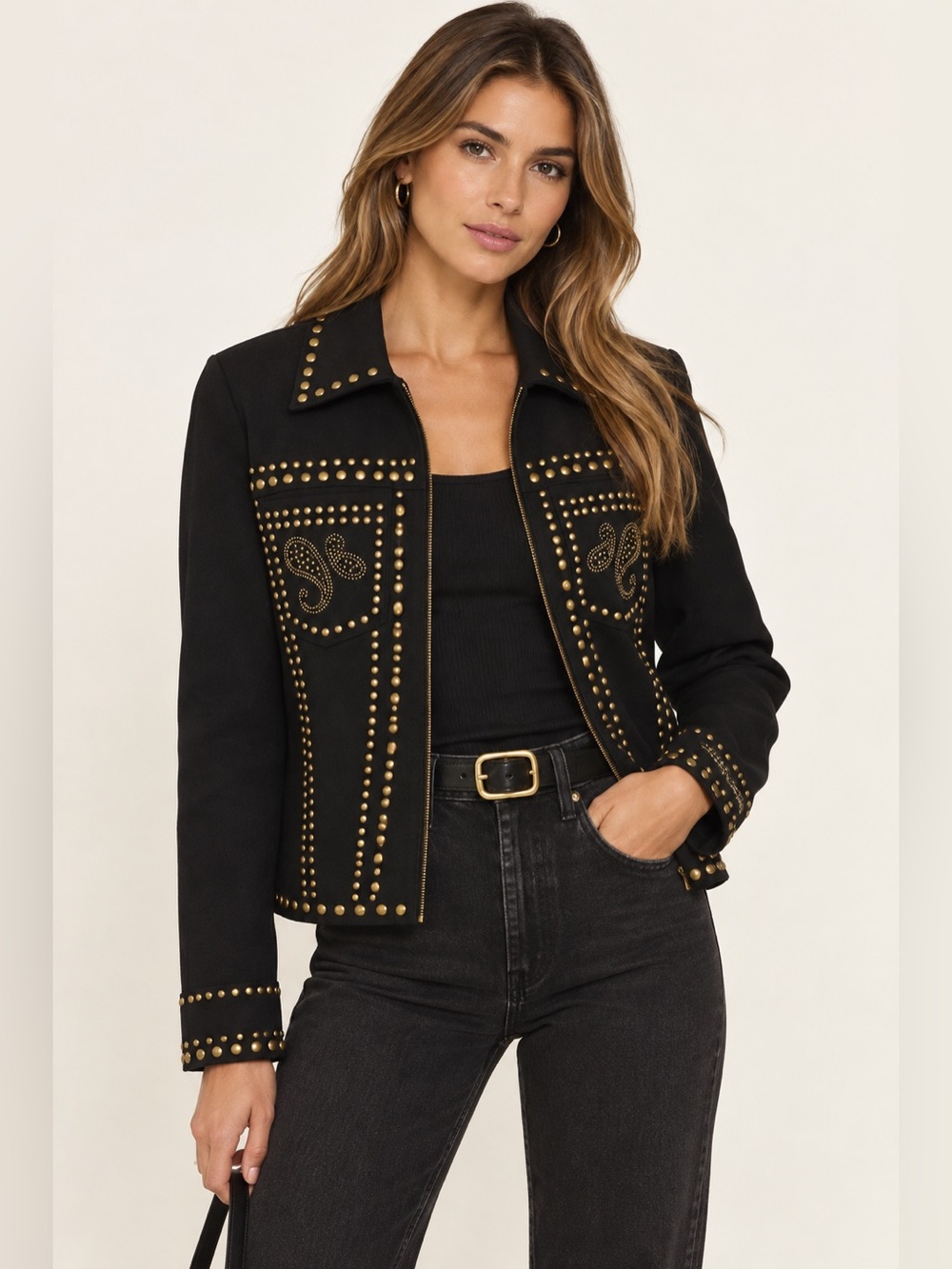 Minnie Rose Western Collared Studded Zip Jacket Black Gold NWT Size S and Size M